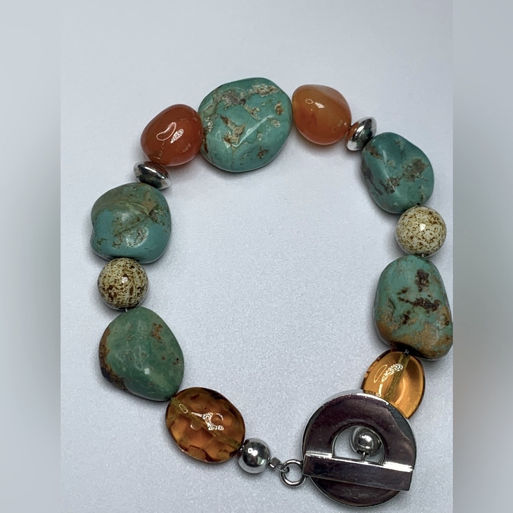 Vintage RAGE Sterling Silver, Turquoise & Carnelian Toggle Clasp Beaded Bracelet - Picture 13 of 15